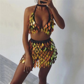 Bling Sequins Geometric Matching Sets Low Cut Backless Sleeveless Tops Drawstring Patchwork Mini Skirt Rave Festival 2 Piece Set
